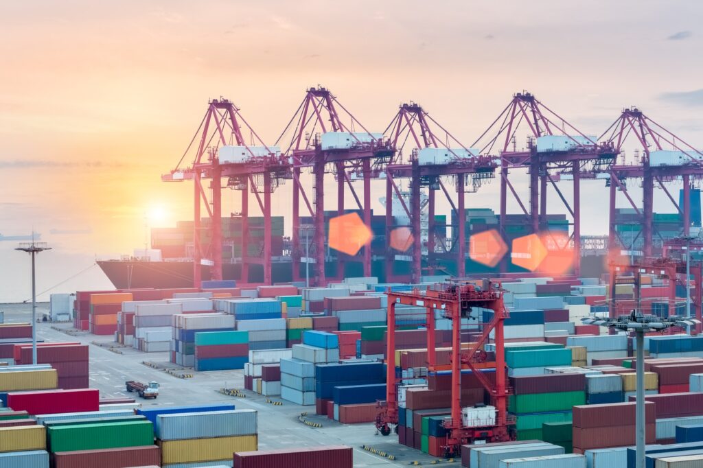 container terminal closeup in sunset